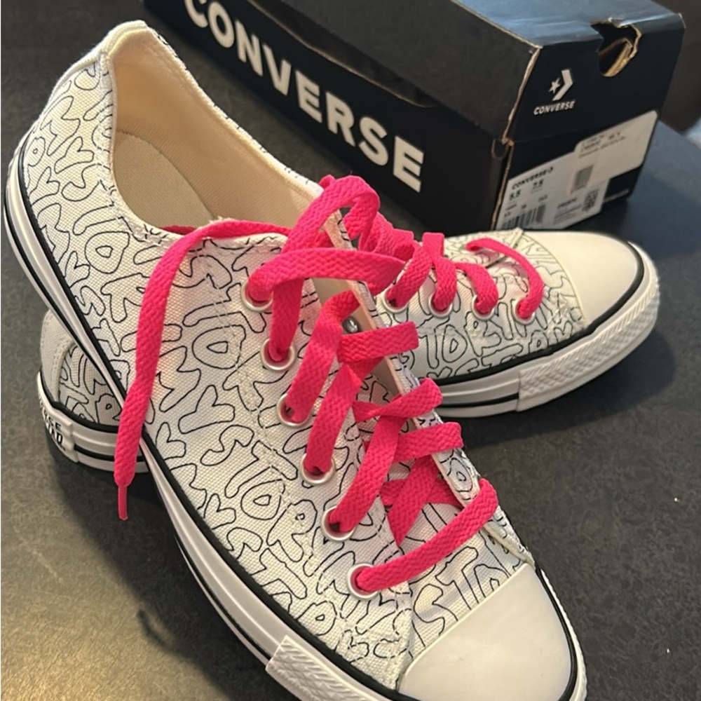 Converse Women's White Sneakers with Pink Laces